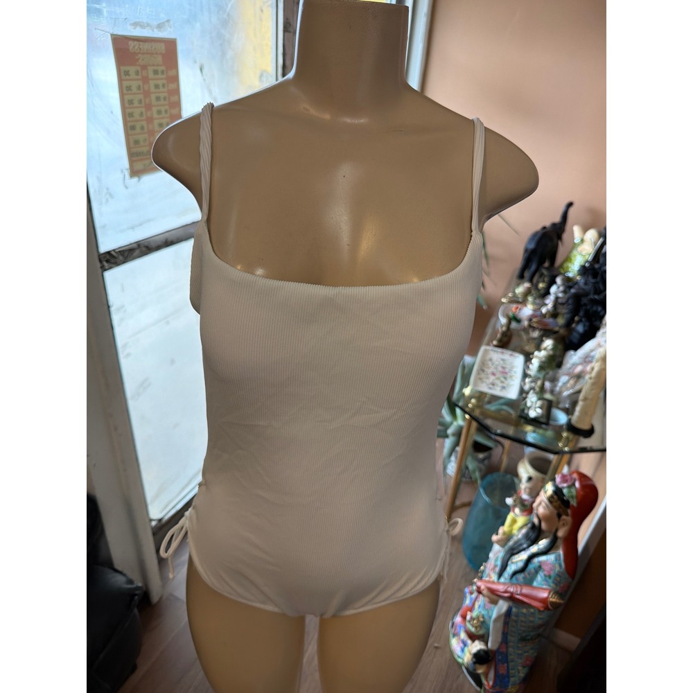 White Ribbed Lace Up Side One Piece Swimsuit Square Neck Scoop Back